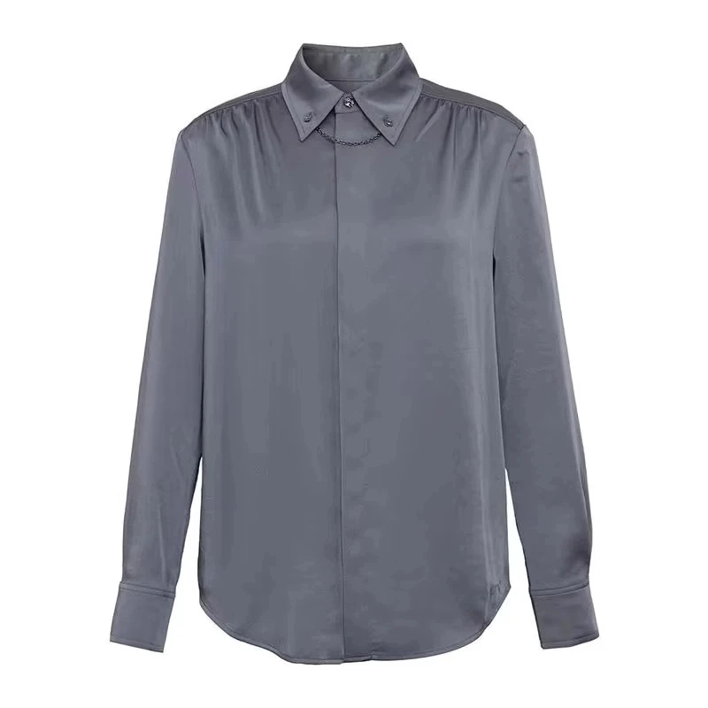 AMASS/阿玛施 秋季新中式气质色丁长袖女衬衣附金属链扣女5300988