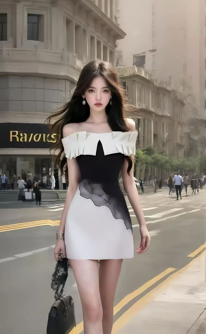 小众时尚黑色一字肩露肩收腰连衣裙女高端大气显瘦气质氛围感女装