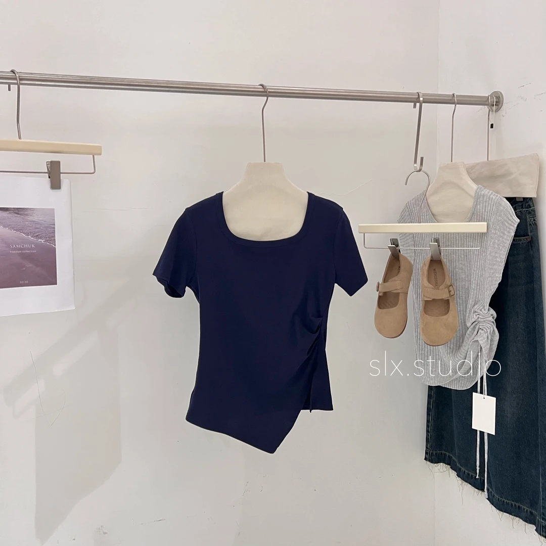 slx@ 藏 2918 侧褶方领T恤