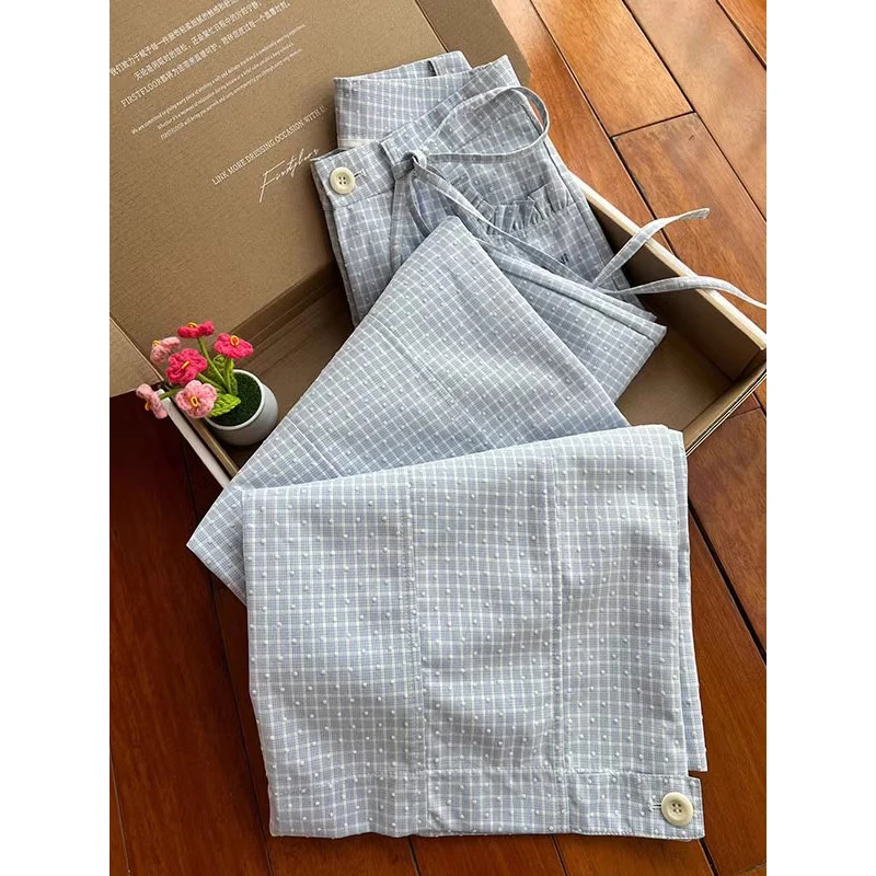 韩系蓝色格子西装休闲裤女夏季新款欧若风穿搭高腰显瘦直筒阔腿裤