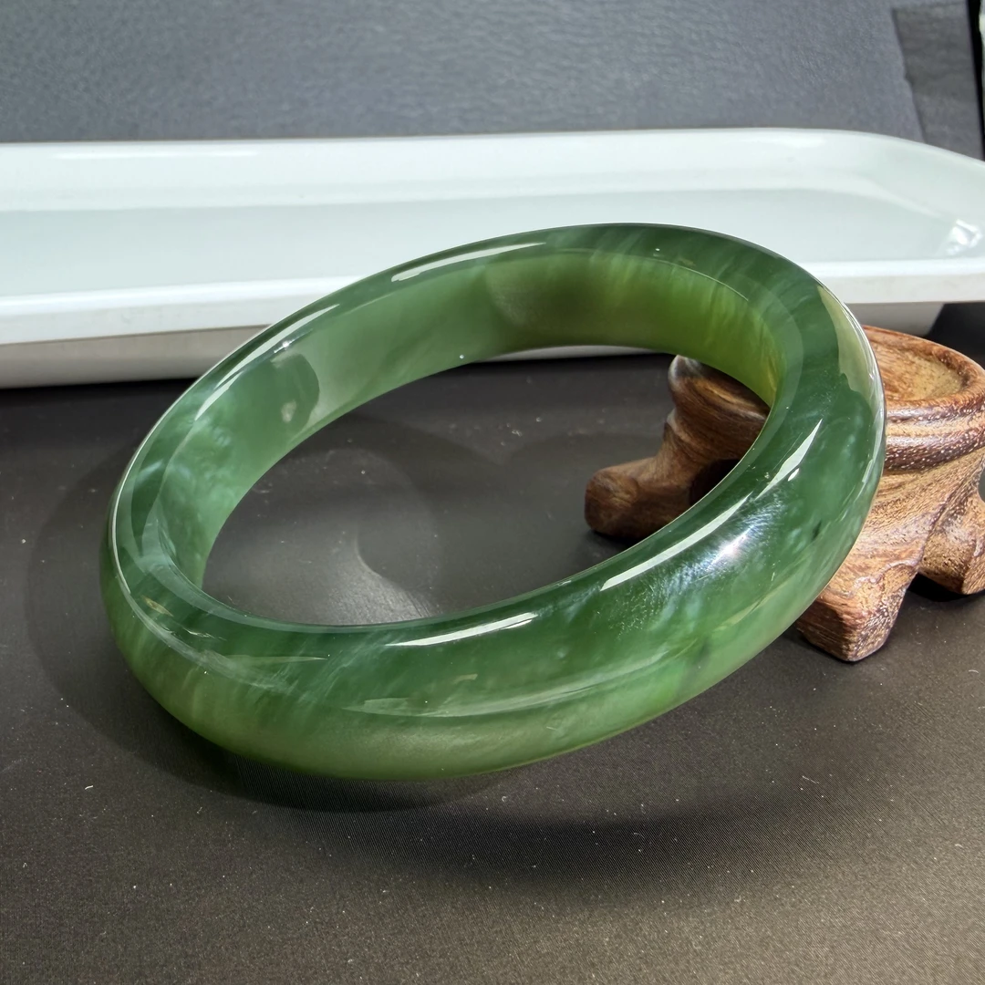 【伟伟鉴定】和田玉碧玉 黑猫 猫眼正圈手镯 57.6/14/7 时尚百搭