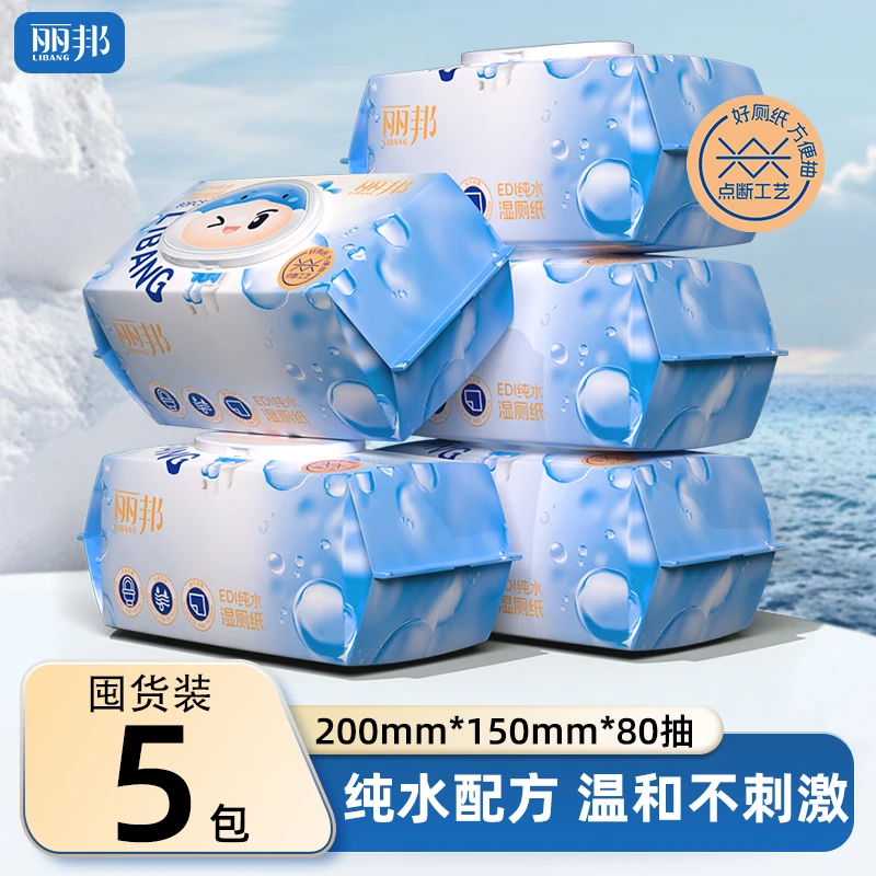 【大包】丽邦EDI纯水湿厕纸大尺寸厚实点断式80抽/包家庭装柔软亲肤