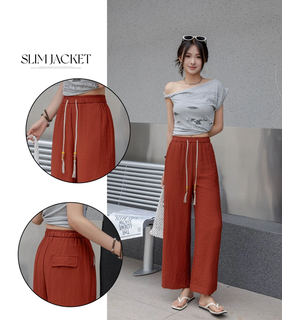 8882麻料流苏绳九分小直筒裤