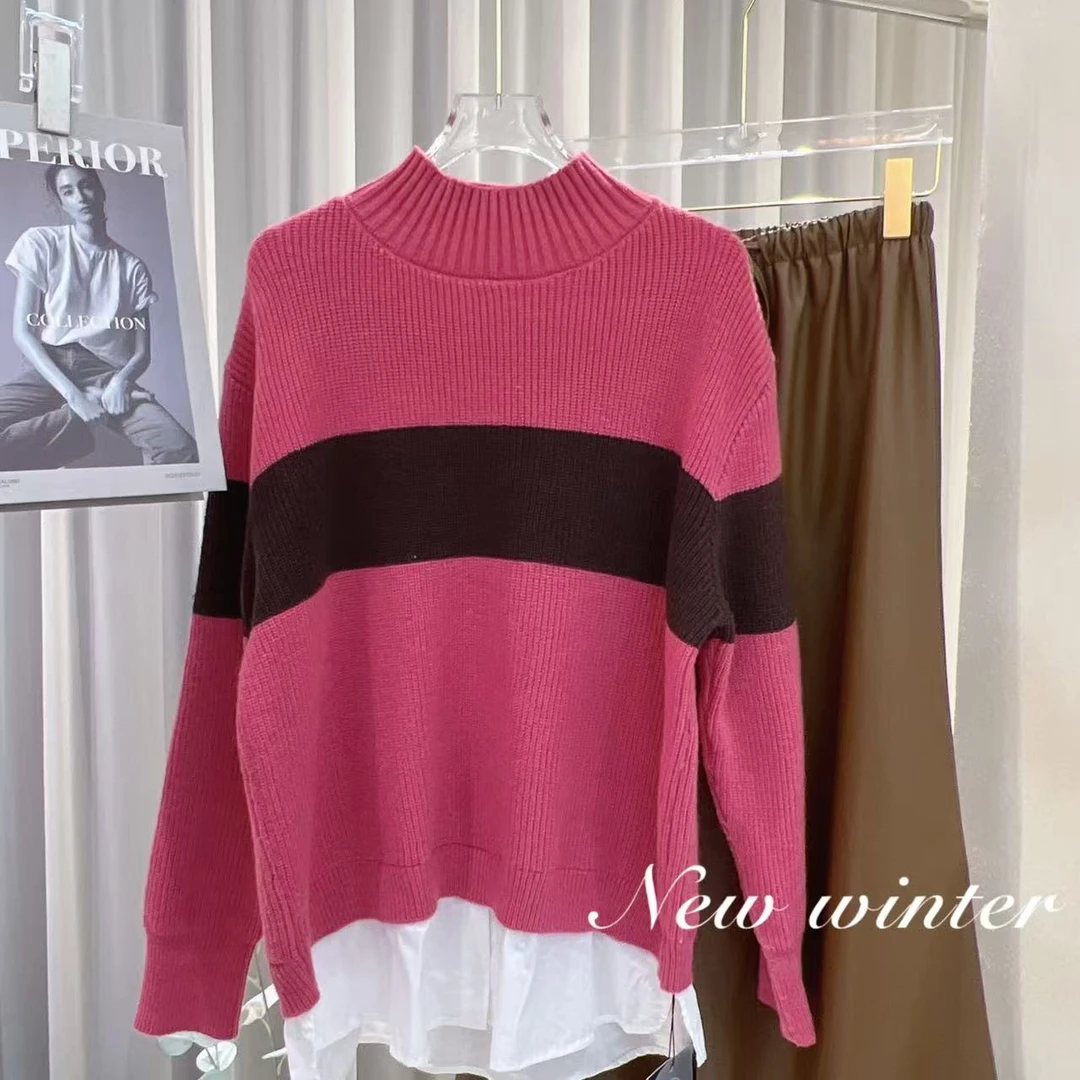 6593《海岛学院》韩版加厚女士慵懒风条纹撞色拼接衬衫假两件针织衫