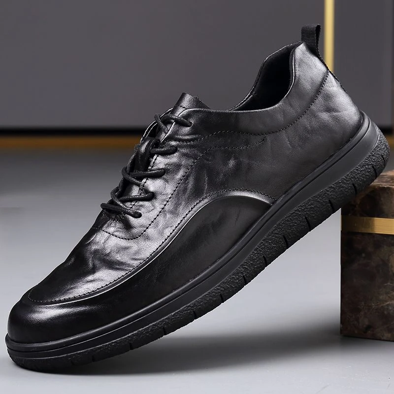 渡诺班尼新款手抓纹男士休闲皮鞋头层牛皮防滑耐磨软底舒适爸爸鞋