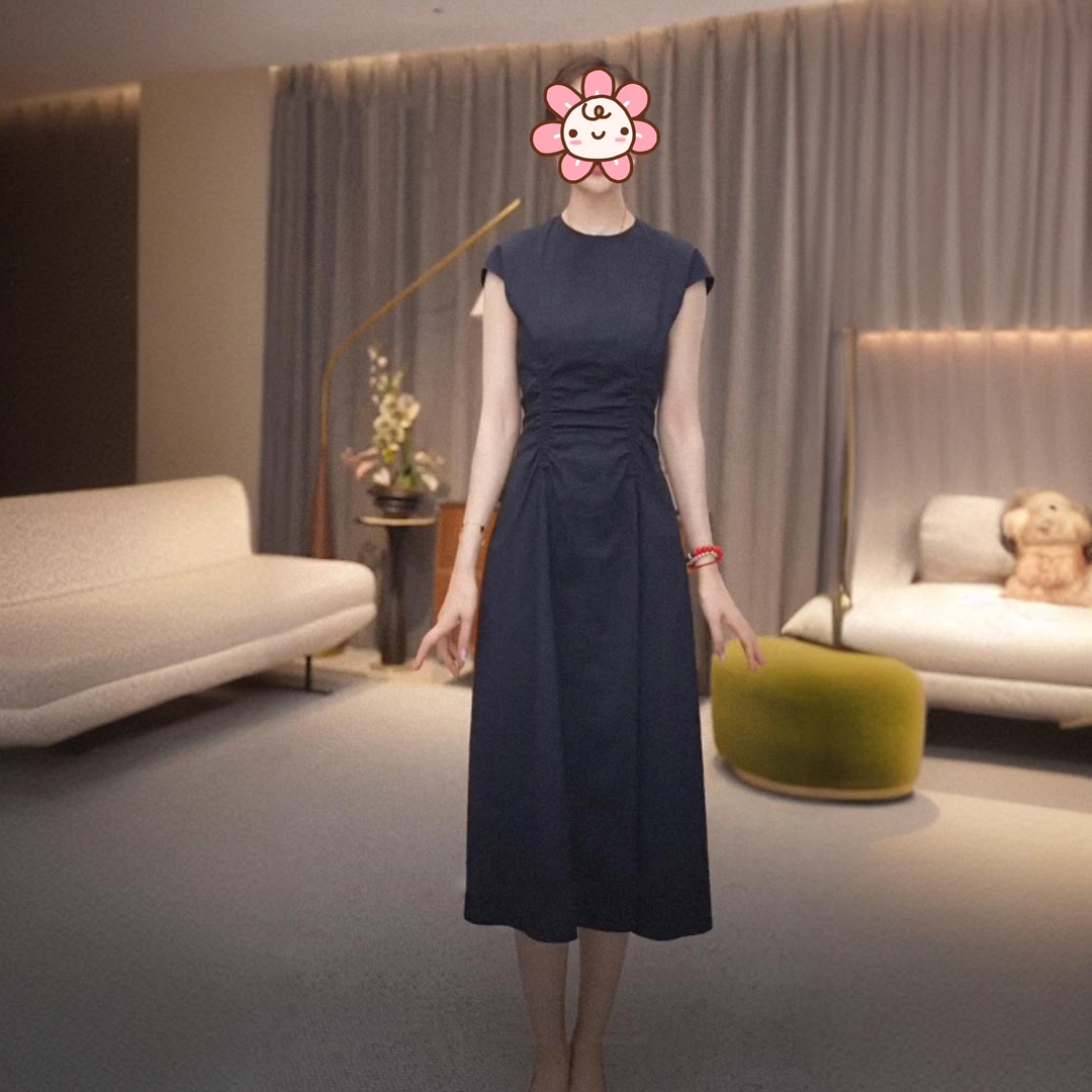 设计感洋气衣服女2025夏季新款抽褶连衣裙简约气质收腰显瘦长裙子