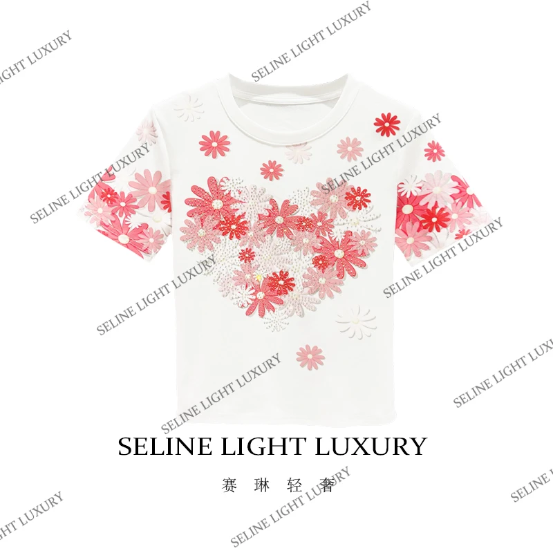 【25C-118】 2025 SELINE 轻奢烫钻心形花海时尚圆领短袖T恤