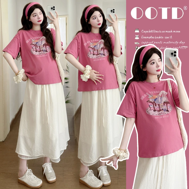 L128#5.21孕妇装夏装套装时尚款宽松可爱T恤上衣半身裙两件套