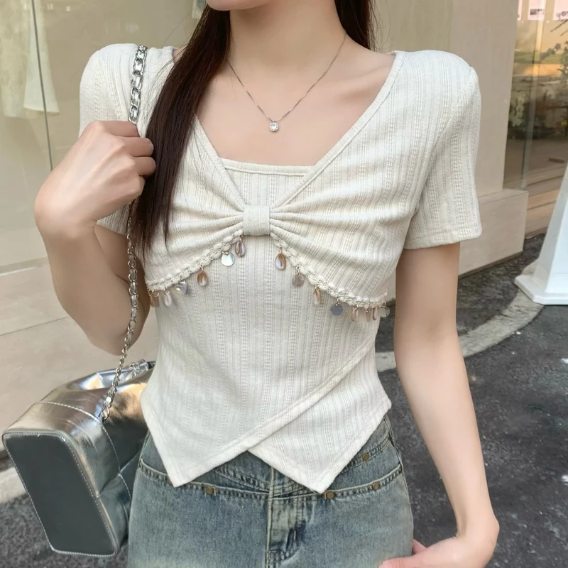 【小七家】春季新款 法式蝴蝶结设计高级感显瘦短款百搭上衣DM8616