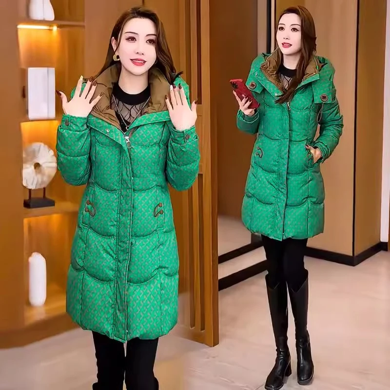 时尚羽绒棉服女2024冬季新款时髦洋气中长款显瘦连帽减龄棉袄外套