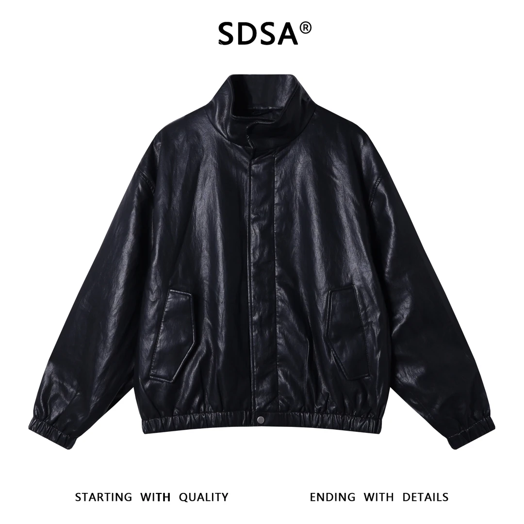 SDSA男士秋冬新款痞帅男装韩版纯色立领皮衣夹克百搭时尚开衫外套