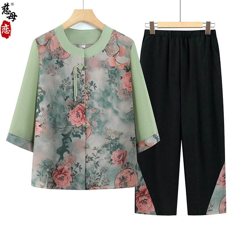 奶奶夏季短袖国风套装中老年人女2025新款绣花洋气衬衫裤子两件套