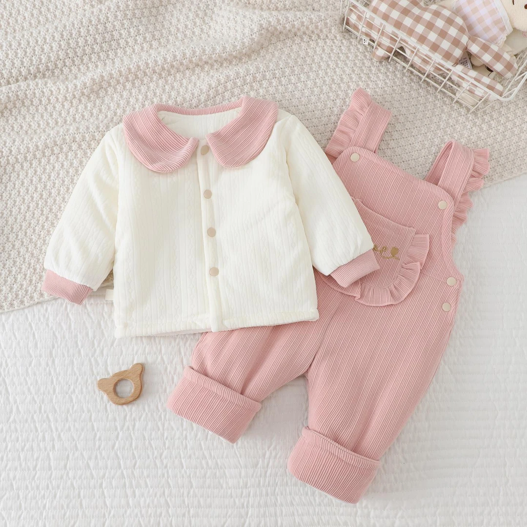 婴儿棉衣两件套女宝宝背带裤套装超萌洋气一岁棉袄连身裤分体秋冬