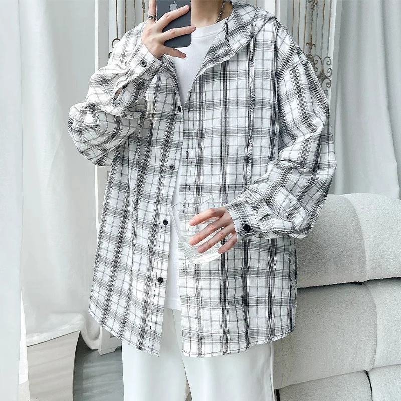 格子衬衫外套男连帽夏季薄款防晒衬衣宽松休闲夏天户外夹克防晒服