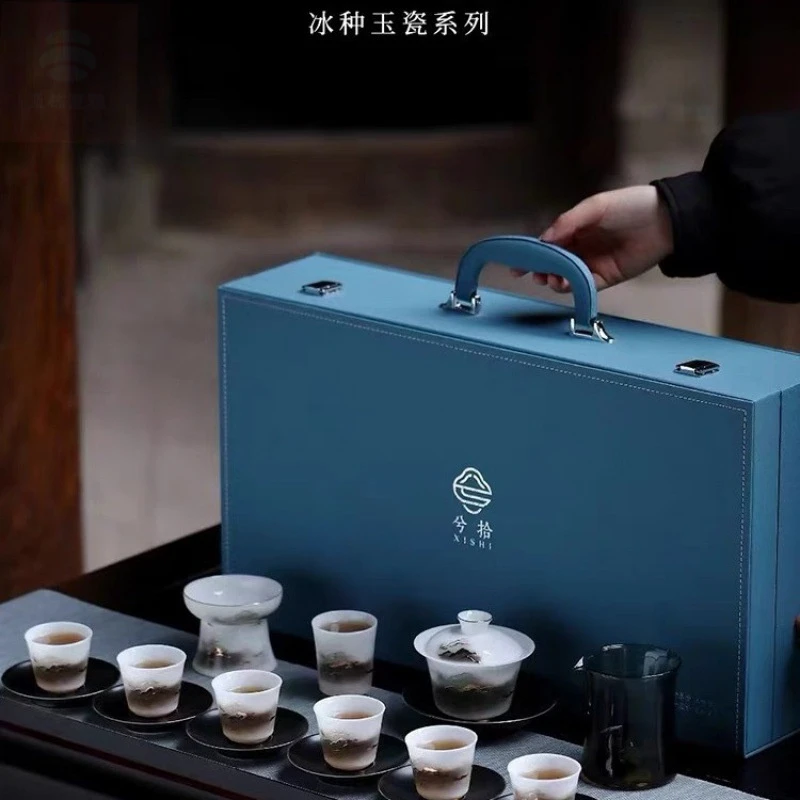 冰种羊脂玉瓷功夫茶具茶杯套装家用高档2025新款文创水墨金山礼盒