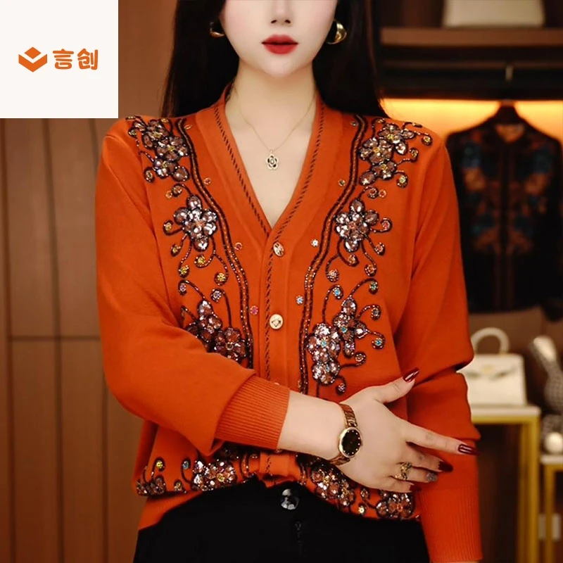 【085A]高级感洋气V领针织开衫春季新款宽松显瘦百搭长袖妈妈上衣