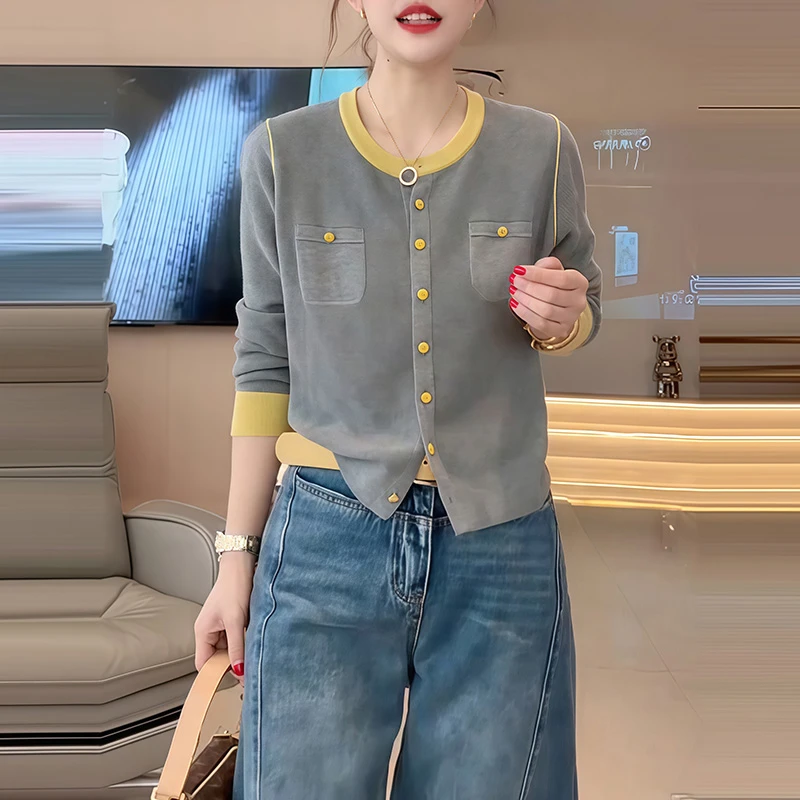 洋气时尚简约拼接撞色设计感针织衫女2025春季新款减龄百搭上衣潮