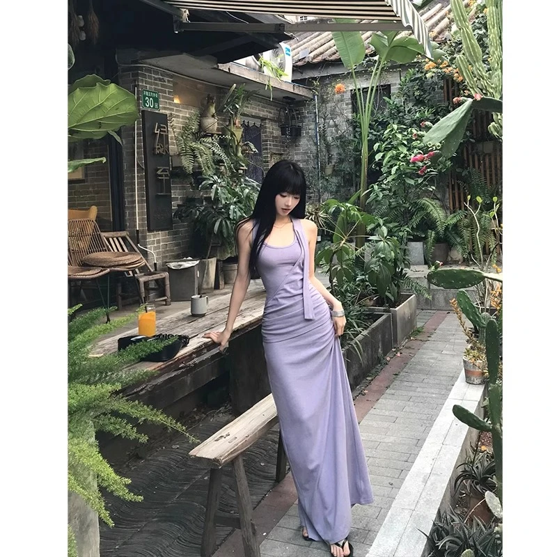 番茄妹妹Tomatosister收腰挂脖吊带露后背连衣裙紫色包臀背带长裙