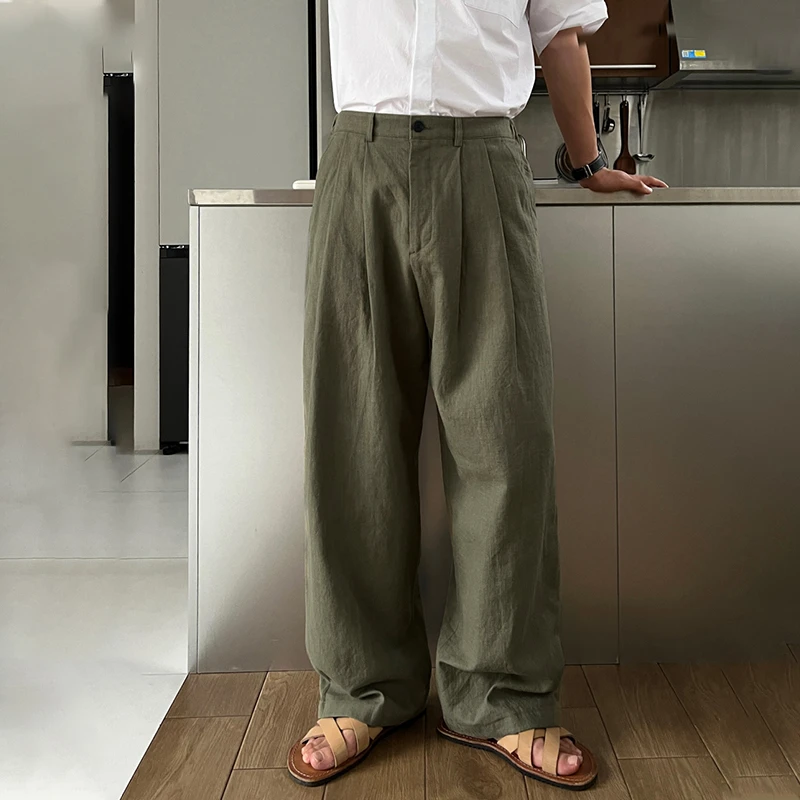 「苏梅南」棉麻垂感军绿色休闲裤秋季新款拖地裤韩版宽松直筒长裤