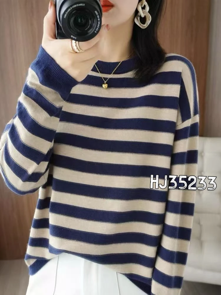 针织衫条纹女女装慵懒风格针织衫衫套头款长袖打底衫