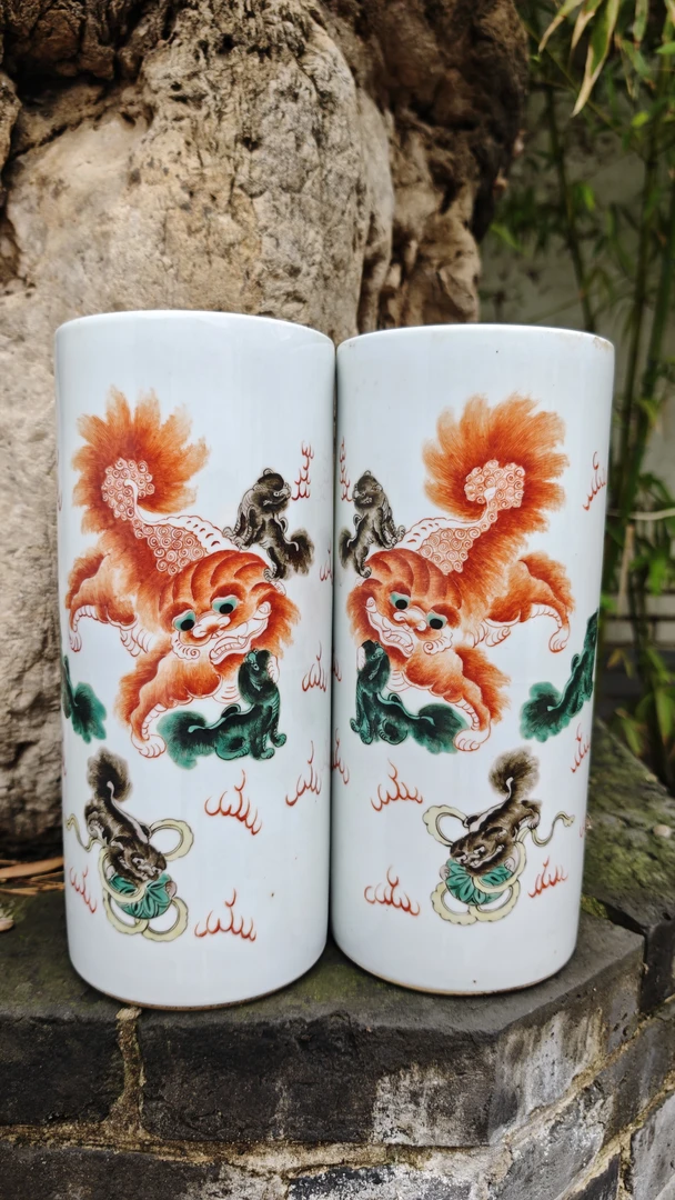 粉彩太师少保图案帽筒手绘手工中式书房彩绘