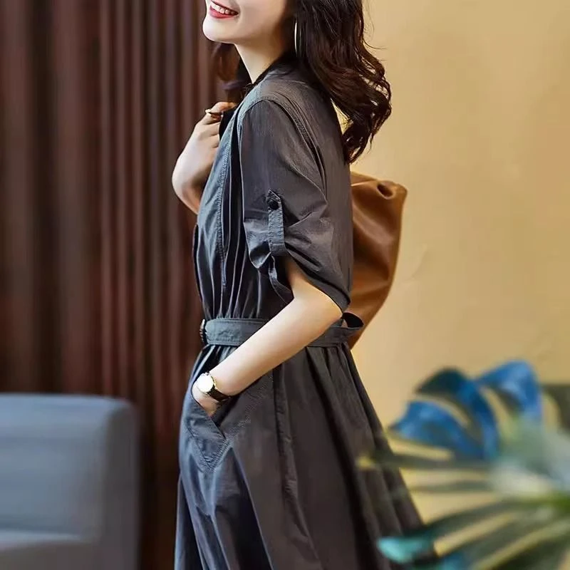 休闲时尚工装连衣裙女洋气夏季新款中长款气质减龄显瘦收腰薄裙子