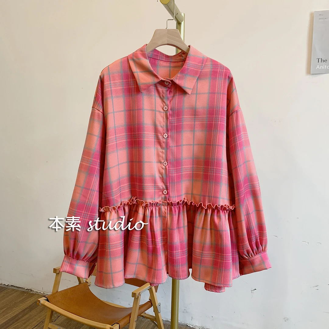 红果小姐C3429格纹撞色下摆拼接翻领衬衫