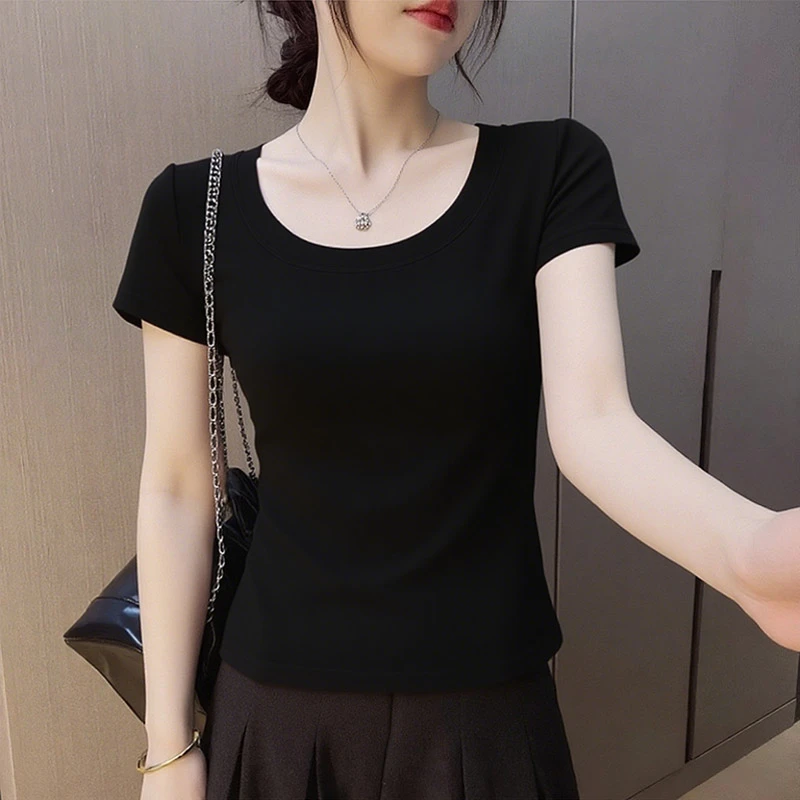 亲肤透气正肩U领短袖t恤女夏季新款短款减龄上衣服显瘦修身打底衫