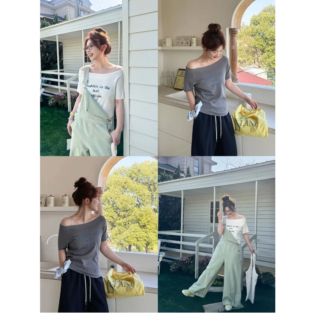 晶咕【小漏香肩】胸前字母可露肩修身短袖弹力上衣设计感时