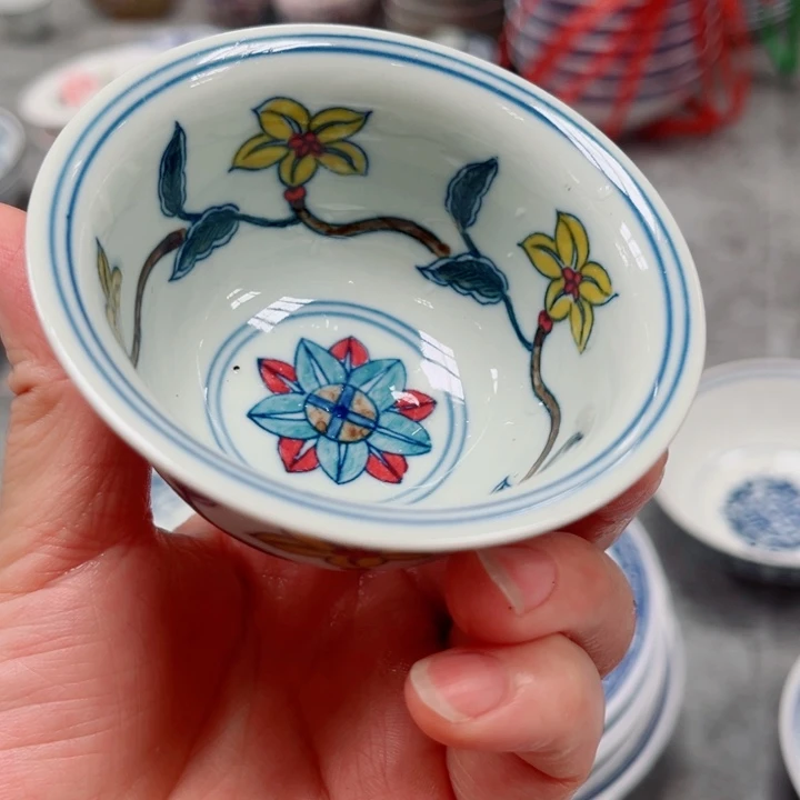 青花玲缠栀子花压手杯