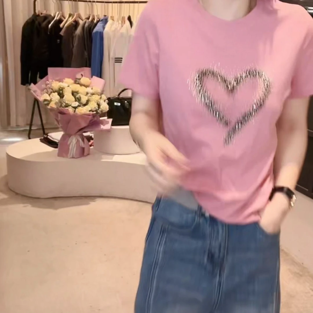 2025夏季高档烫钻圆领短袖新款韩版时尚宽松重工T恤百搭上衣女