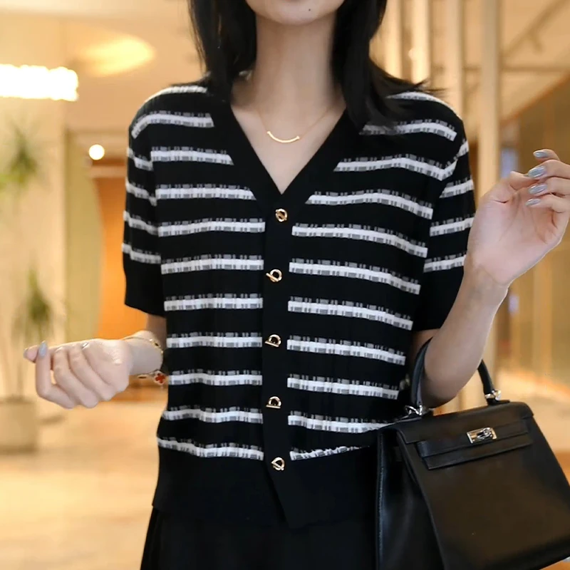 【万年条纹】夏装女款爆款2025新款条纹针织轻薄短袖T恤高级上衣女