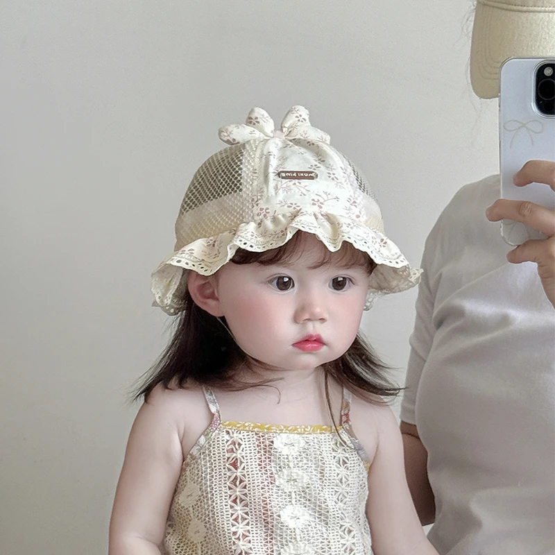 宝宝帽子透气网眼渔夫帽韩版小碎花大檐遮阳帽婴儿婴幼儿防晒帽