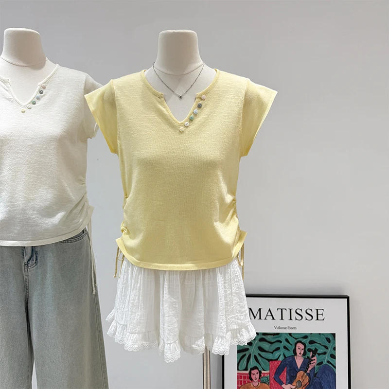 纯色V领抽绳褶皱收腰短袖T恤女2025夏新薄款韩版设计感上衣