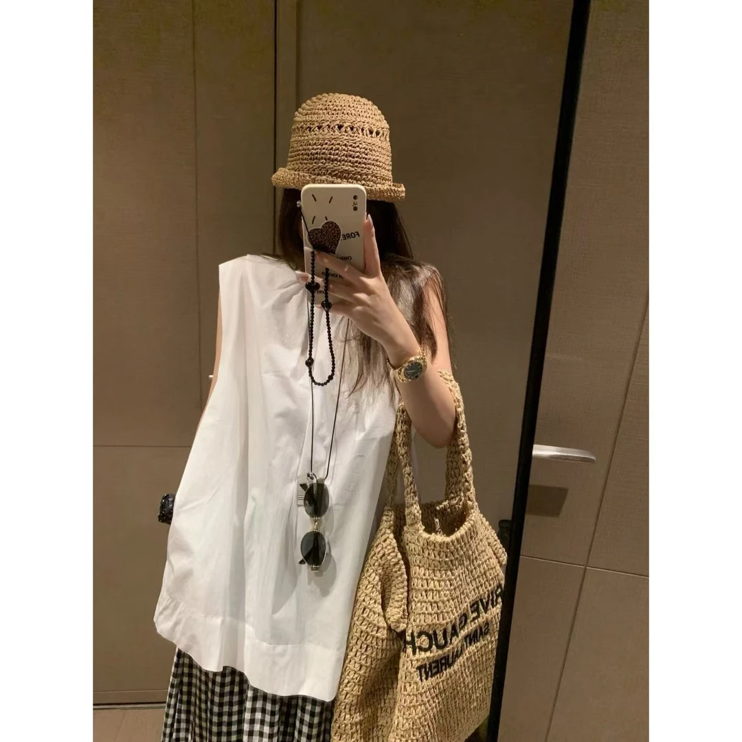 SP后背镂空背心裙女夏季新款宽松时髦慵懒设计感显瘦上衣裙通勤