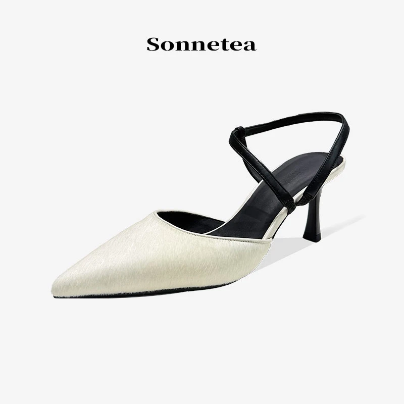 包头夏季细跟高跟鞋凉鞋气质时尚细跟女士百搭豹纹休闲黑白尖头