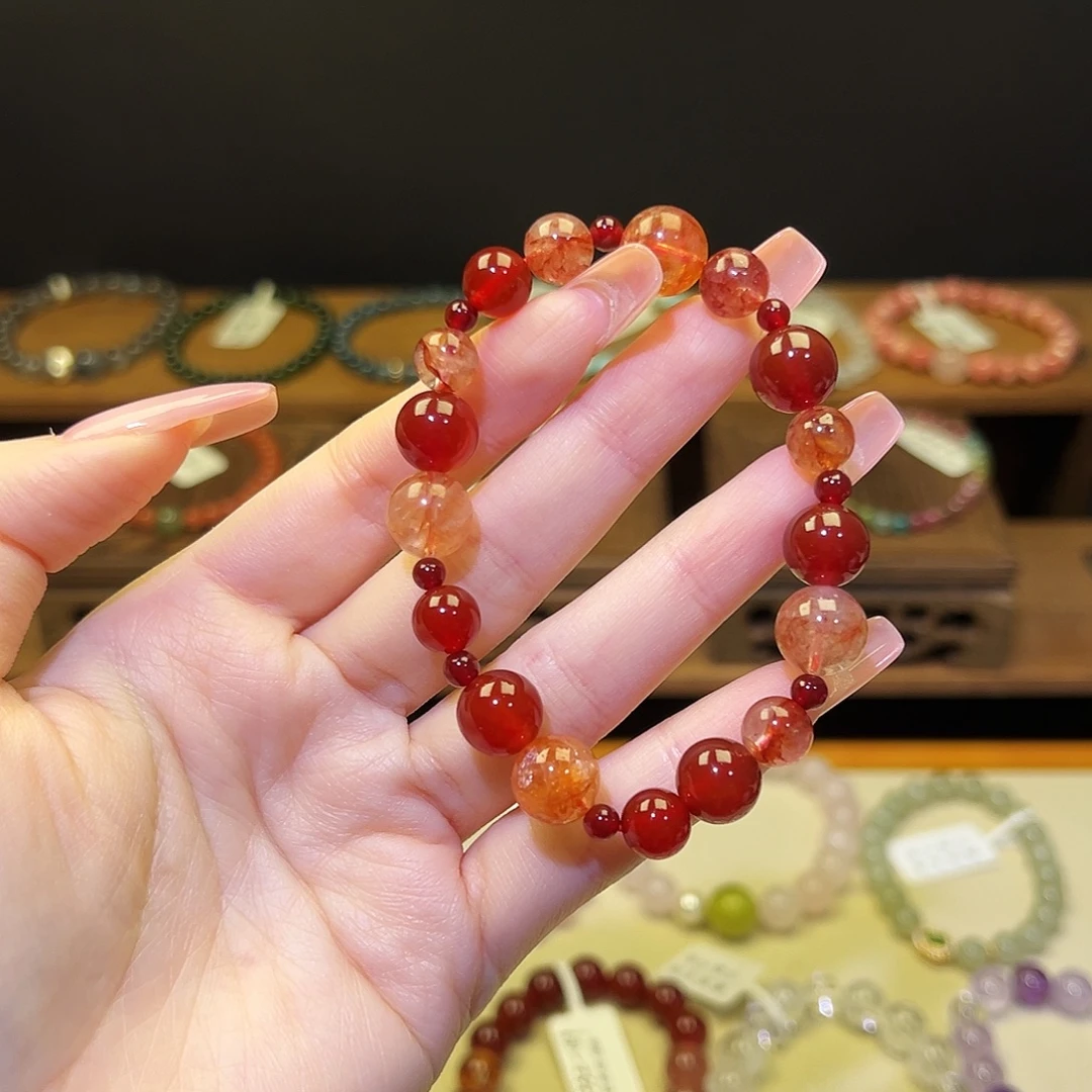 水晶手串银S925镀金镶嵌红1465