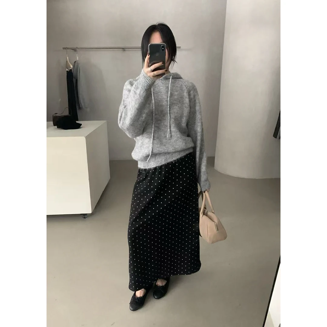 C/63359 加baby绒～韩系气质波点高腰开叉毛呢直筒半身裙（裙长86