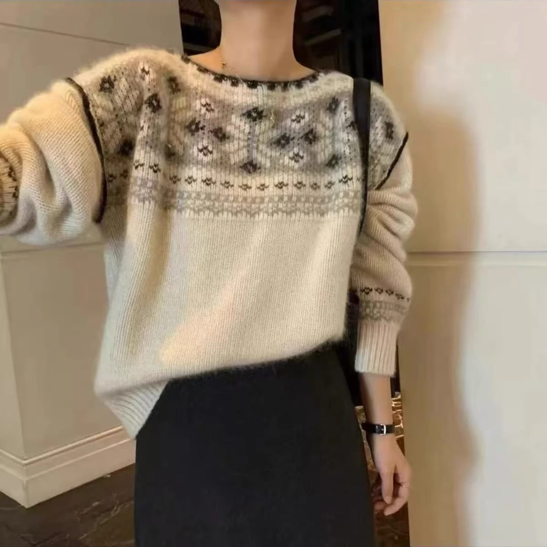【费尔岛雪花】一字领加厚秋冬费尔岛雪花宽松显瘦针织毛衣套头A605