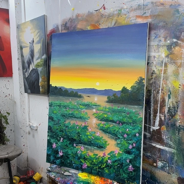 牧***杨竖款清晨荷塘画现代装饰画