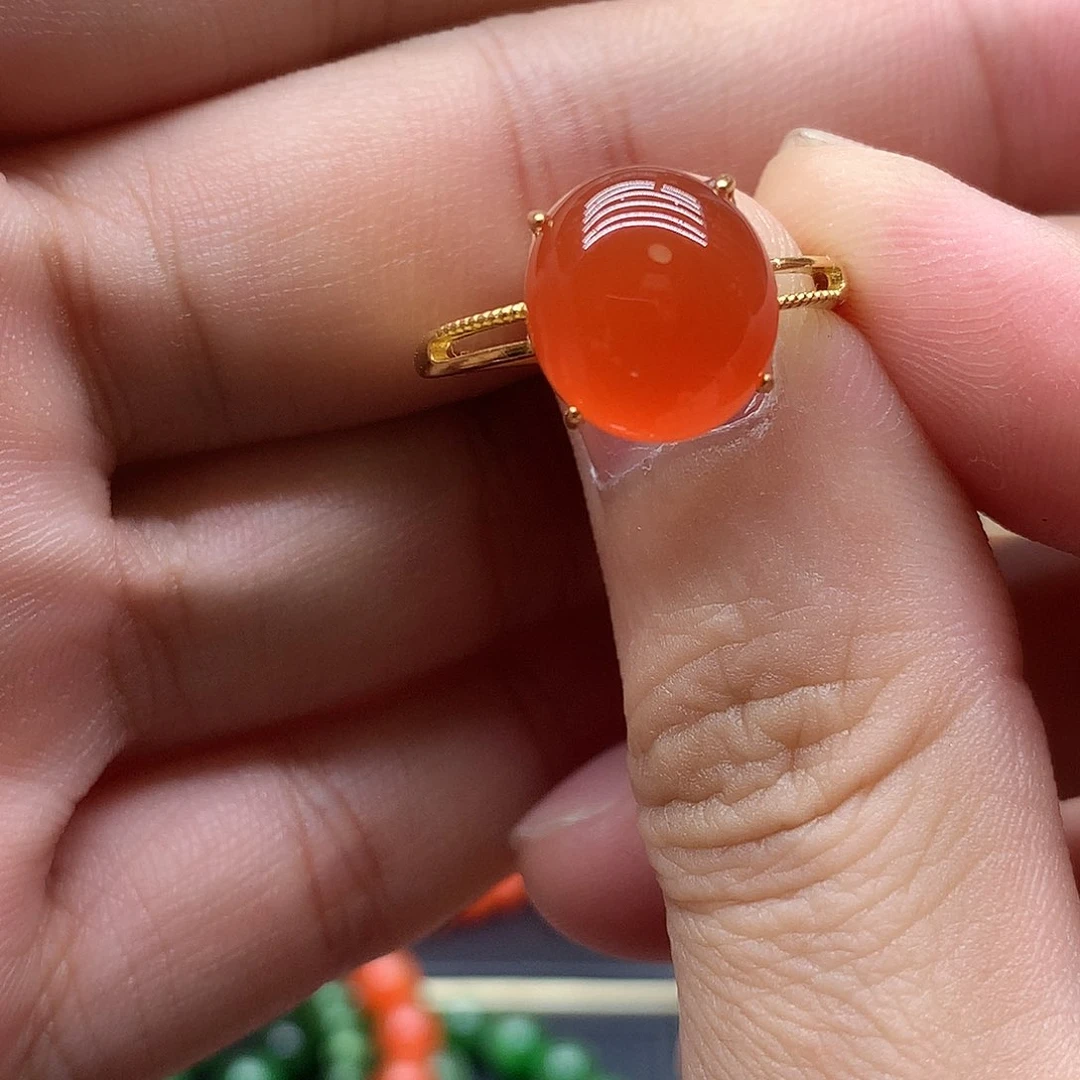 南红玛瑙戒指银S925镀金镶嵌