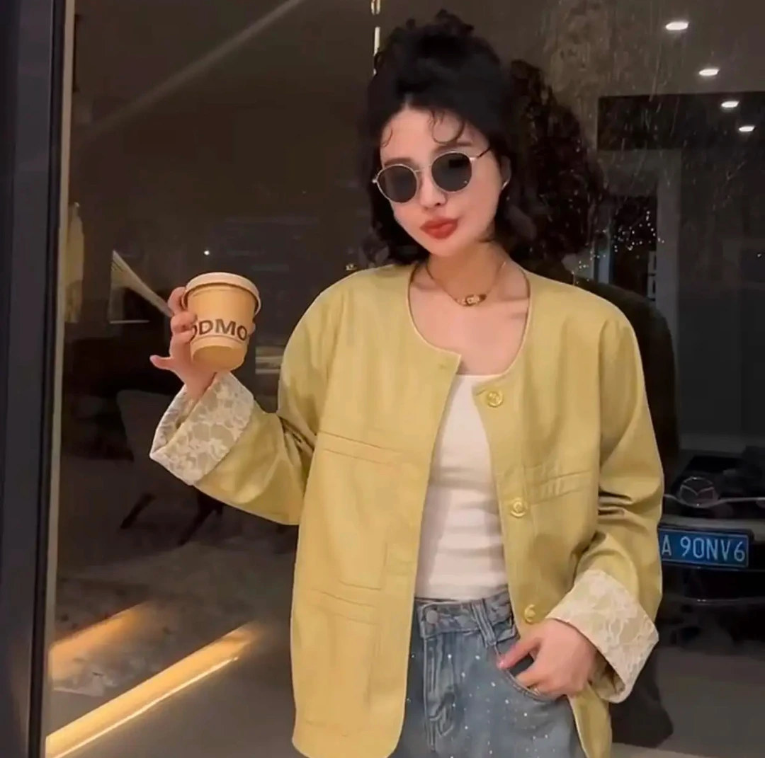 【晴儿家】春季大码高级感蕾丝拼接pu皮皮衣开衫长袖百搭皮外套2390