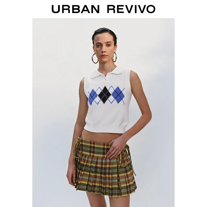 UR2025夏季新款女装复古学院风菱格针织背心UYL950091+