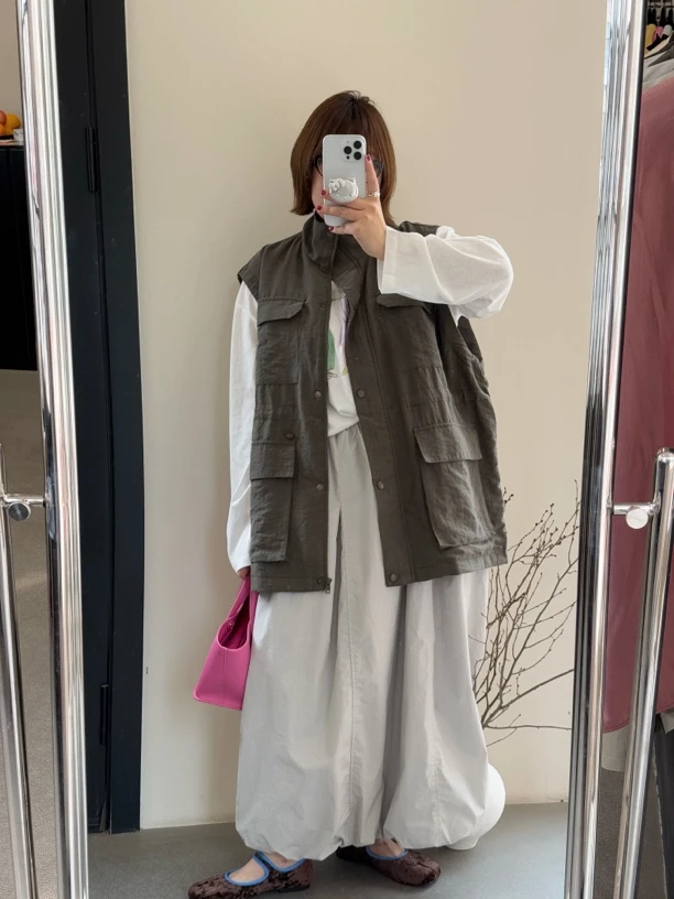M Zi 大码女装 麻料军绿色风衣马甲