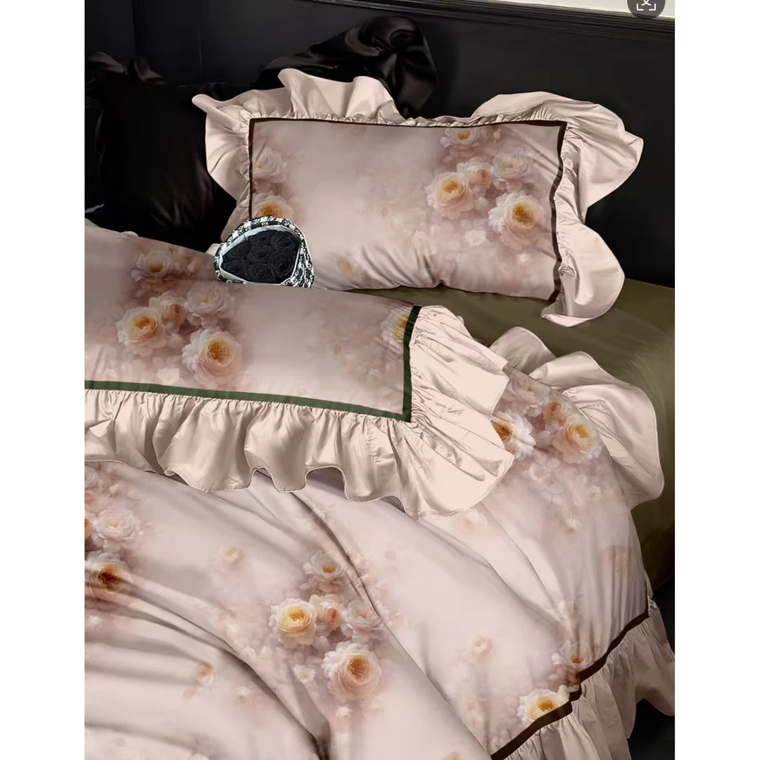 馥花遥-粉：120支贡缎长绒棉全棉高端四件套亲肤轻奢时尚