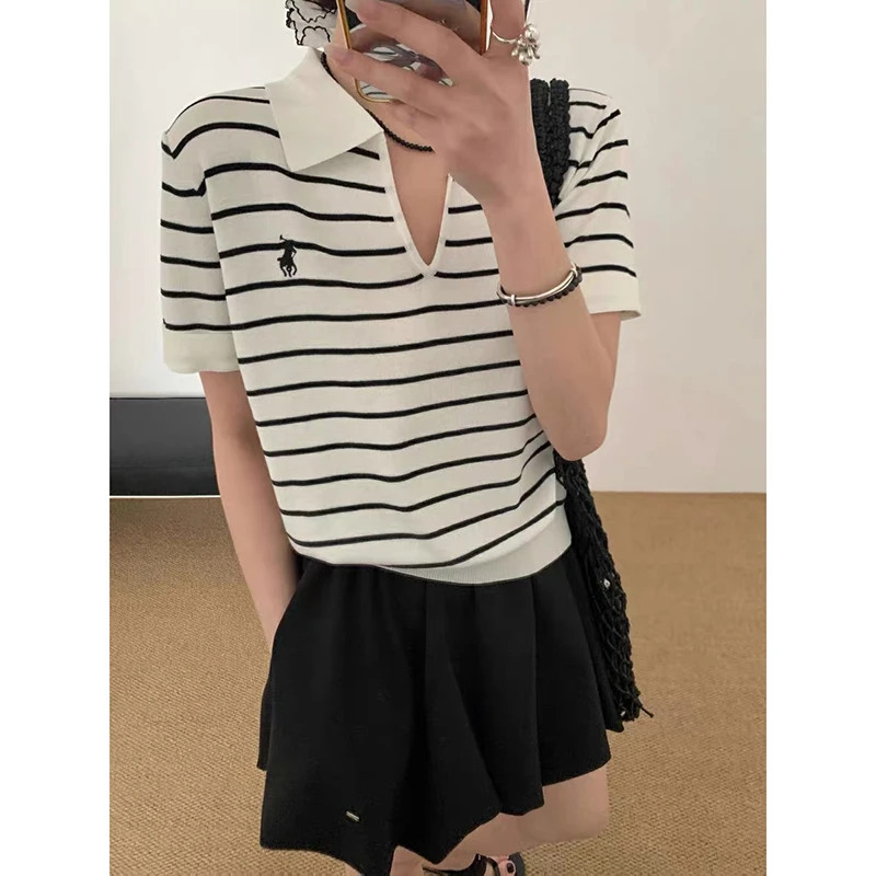 【白色条纹】3781超柔软新款高品质V领针织上衣