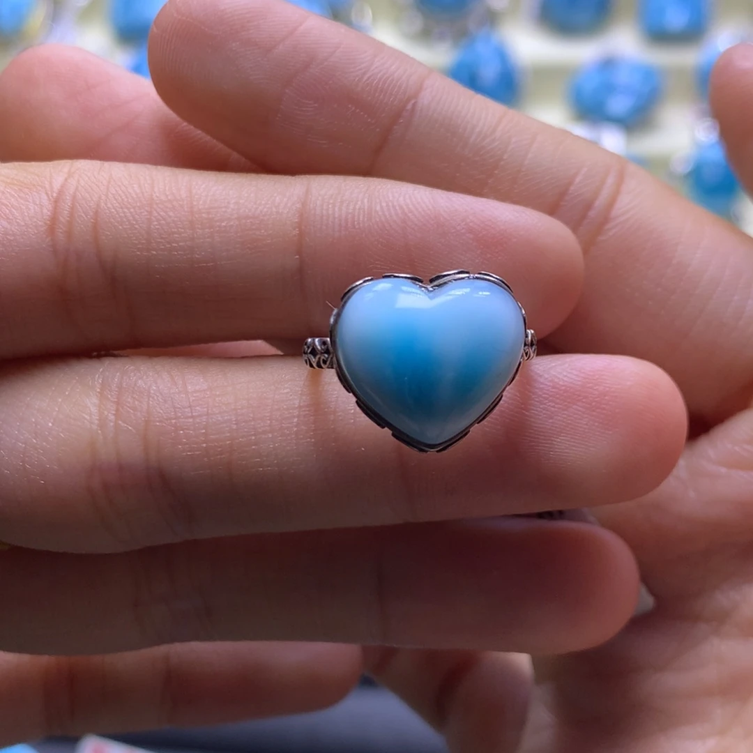 针钠钙石（海纹石）银S925镶嵌戒指爱心戒指色差略异