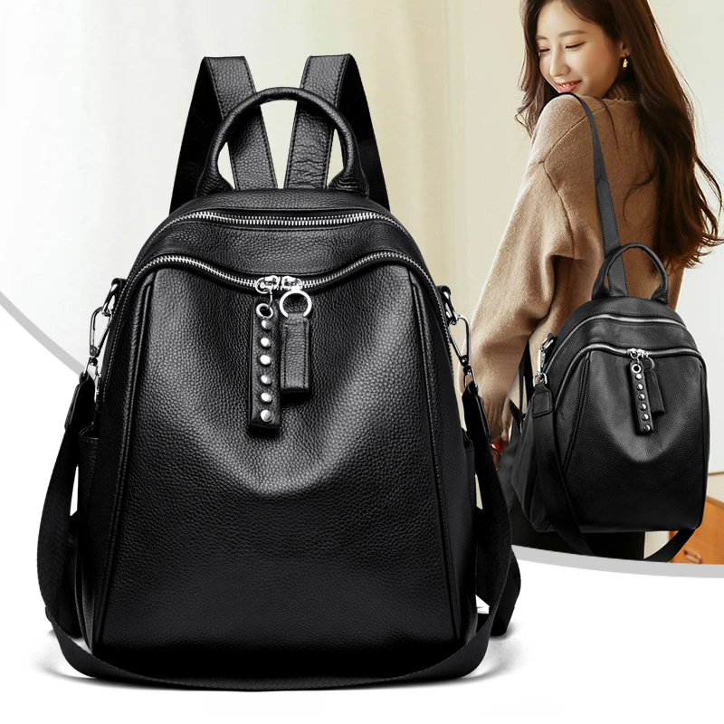 牛皮双肩包真皮时尚百搭大容量女士背包休闲多层牛皮背包通勤女包