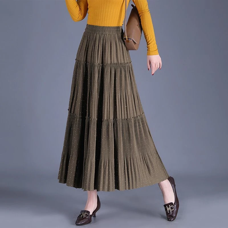 压褶烫钻百褶裙女春季2025新款松紧高腰拼接显瘦a字长裙大摆裙子