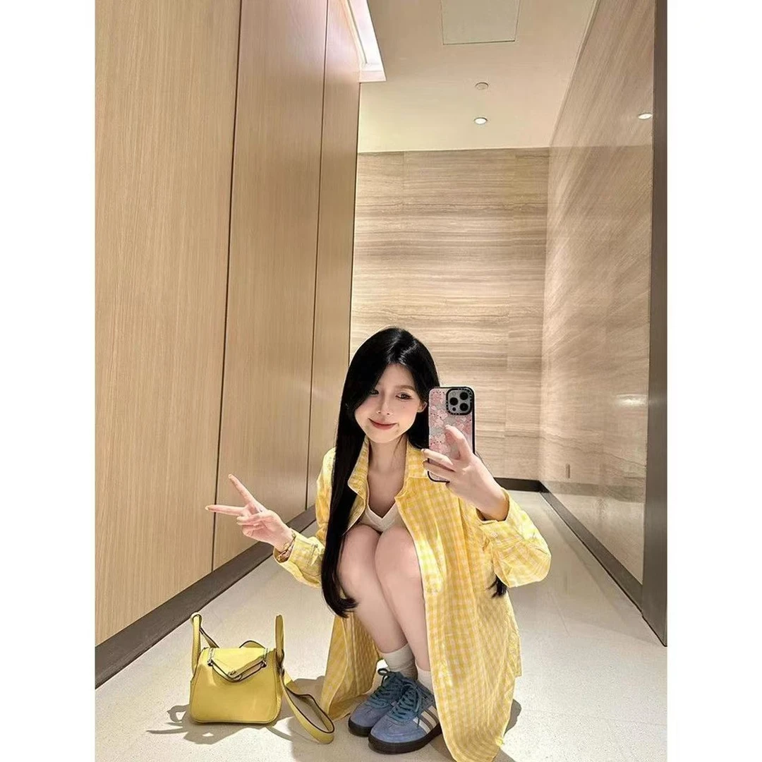 黄色慵懒风长袖格子衬衫防晒宽松港味复古chic上衣春夏季衬衣外套